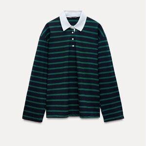 Zara Green and Black Striped Shirt with White Collar